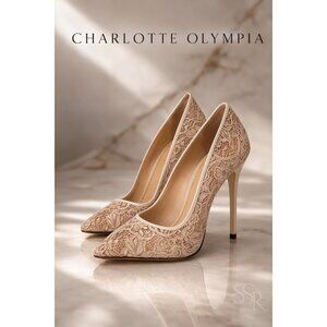 Charlotte Olympia Monroe Lace Mesh Pointed Toe Pumps Beige Stiletto Heel EU 36.5